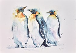Eavesdropping Trio Of Emperor Penguins by Amanda Gordon - Original on Paper sized 18x14 inches. Available from Whitewall Galleries